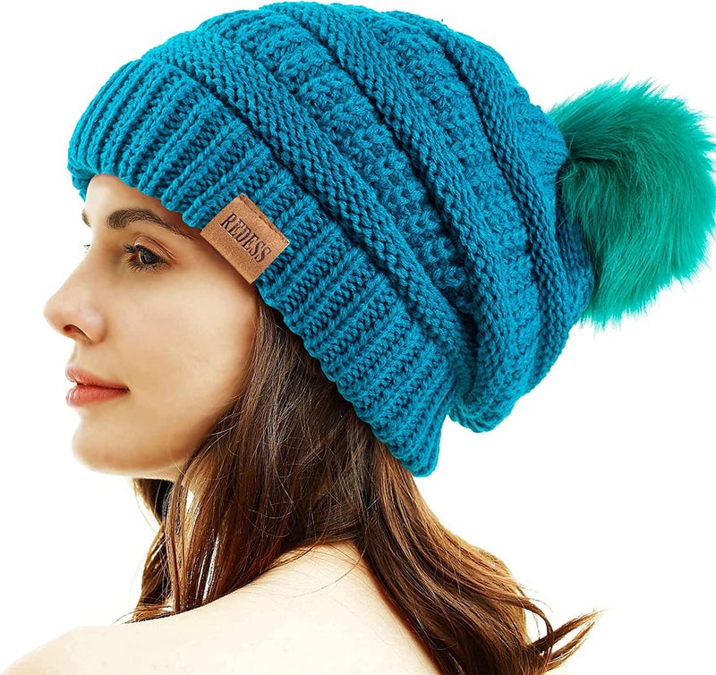 REDESS Women Winter Pom Pom Beanie Hat with Warm Fleece Lined, Teal - Image 1