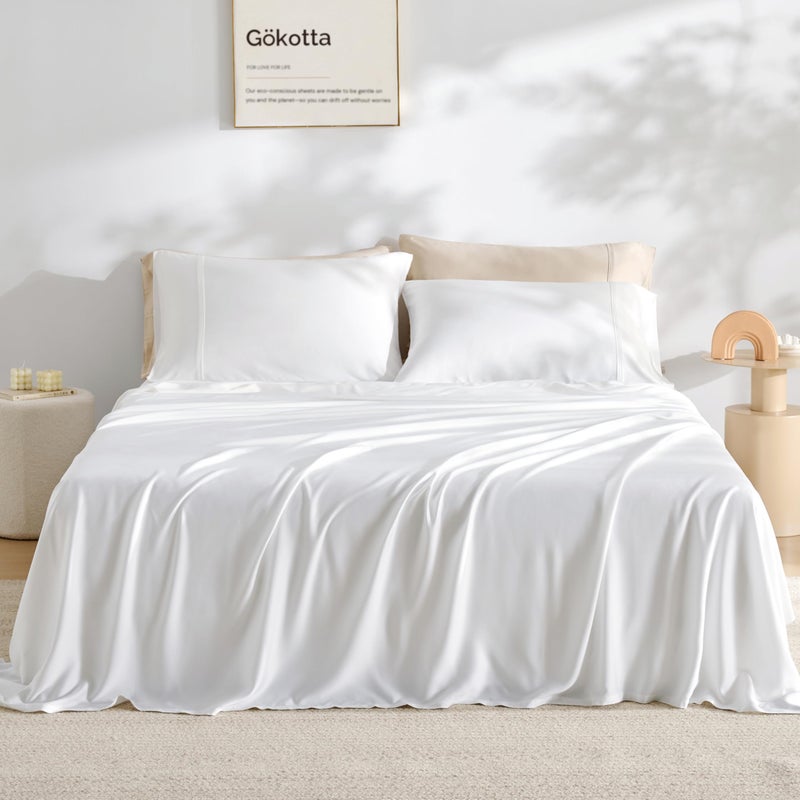 GOKOTTA King Size Sheets Set 4 Piece, 100% FSCÂ® Certified Rayon Derived from Bamboo, Luxury Breathable and Silky Soft Sheets, Deep Pocket 16" Fitted Sheet with Elastic Corner Straps, Bright White - Image 1