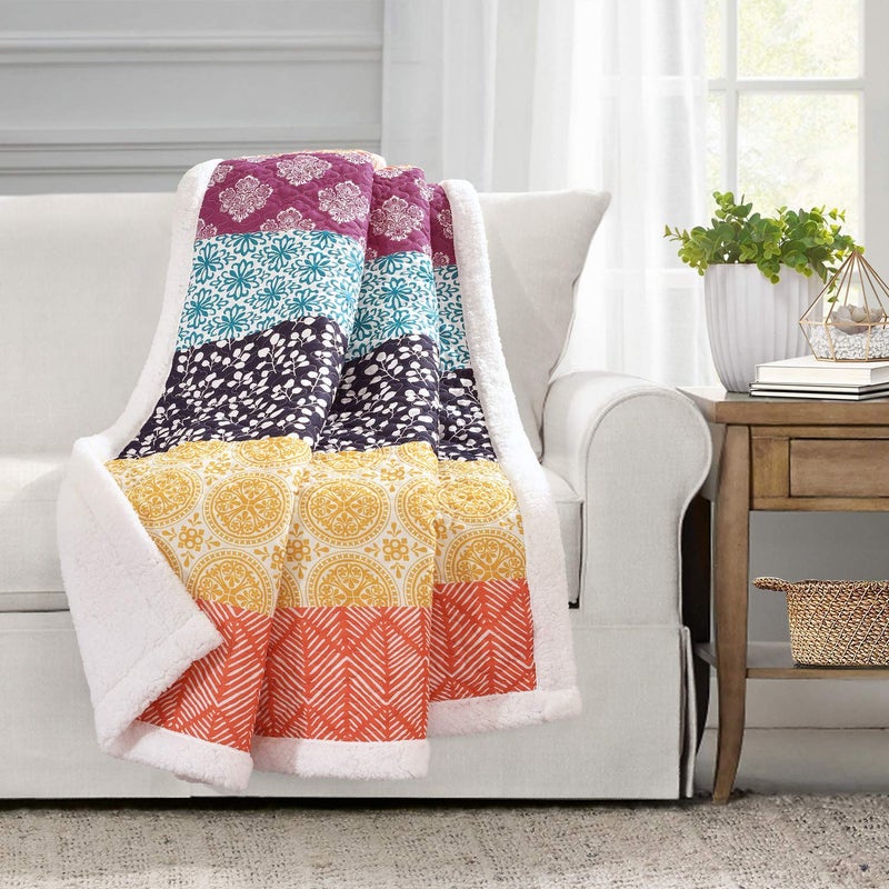 Lush Decor Lush Decor Bohemian Stripe Sherpa Throw Blanket 50 W x 60 L Fuchsia  Orange  Bold Colorful Boho Stripe Design  Quilted Print  Soft Sherpa Blanket For Bed Couch Or Chair 