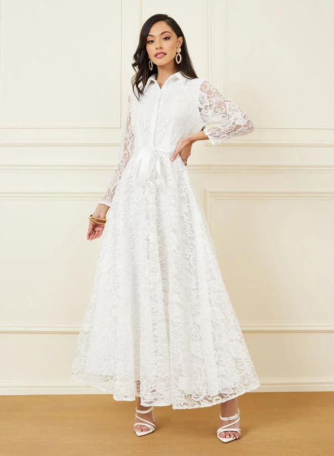 Styli Lace Detail Collared Neck A-Line Maxi Dress