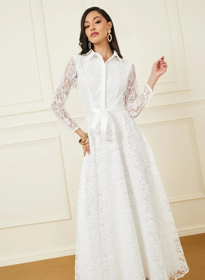 Styli Lace Detail Collared Neck A-Line Maxi Dress