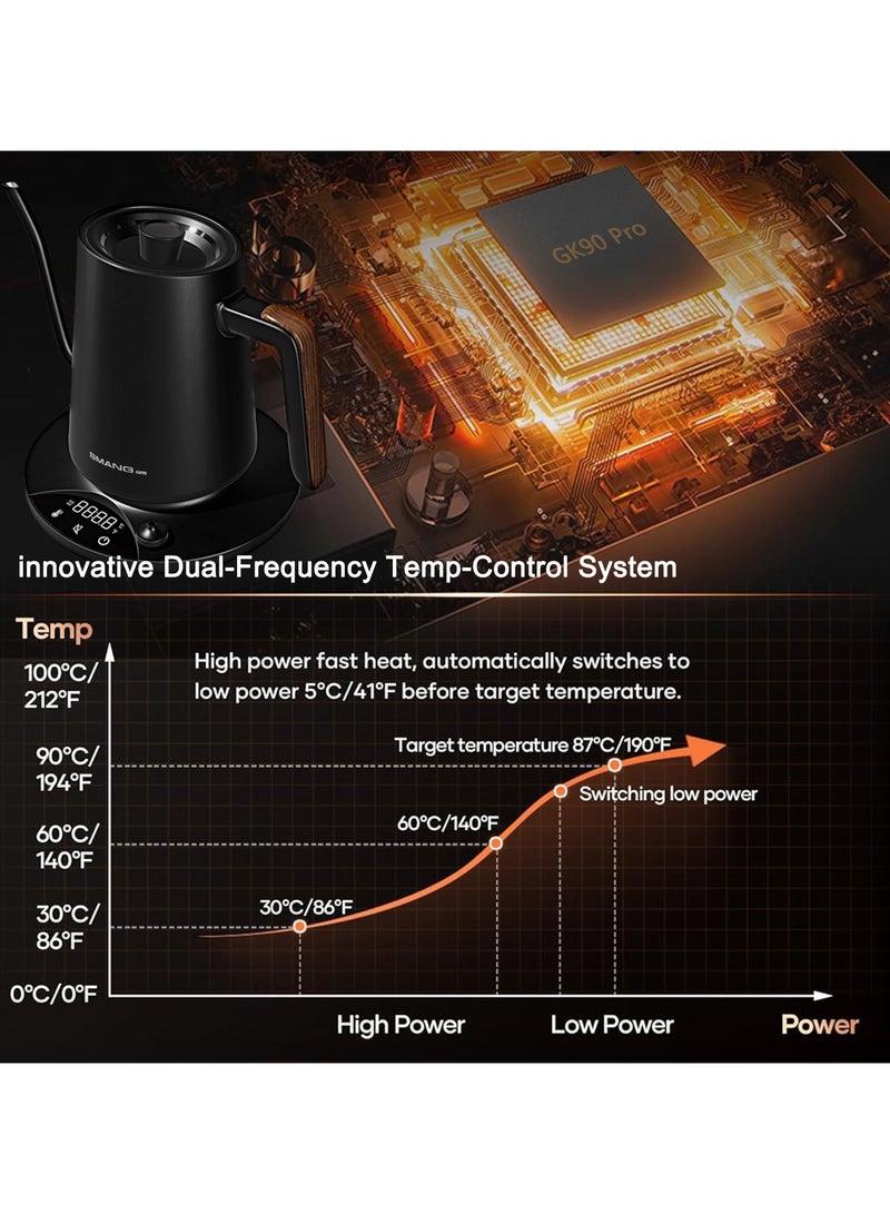 TDAO Luxury Design 900ML 1200W Electric Gooseneck Kettle, Gooseneck Kettle with Solid Wood Handle, V60 Coffee Kettle, Tea Kettle, Power Knob Temperature Adjustment with Digital Display Temperature, Automatic Insulation, One-click Mute, Stainless Steel Material Suitable for Home and Office Black - Image 5