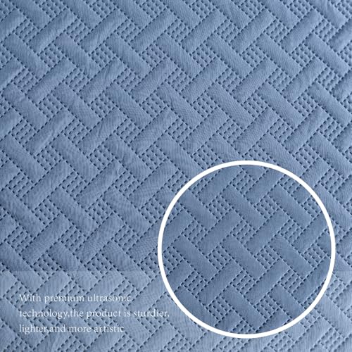 FLYMME King Size Quilt Bedding Set Bluish Grey Lightweight Bedspreads for Summer,Modern Style Geometric Weave Stripe Pattern,Soft Microfiber Bed Coverlet 3 Pieces (1 Quilt, 2 Shams) - Image 3