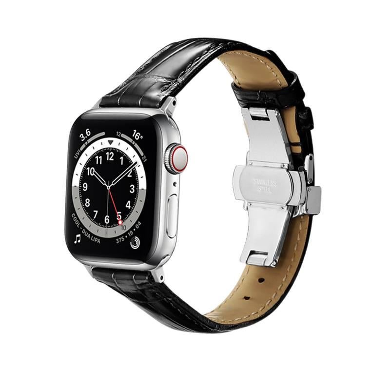 سوار ساعة ذكية سوار جلدي كلاسيكي متوافق مع Apple Watch 38/40/41/42/44/45/49mm بملاءمة قابلة للتعديل وحزام بديل باللون أسود قابل للتعديل - Image 1