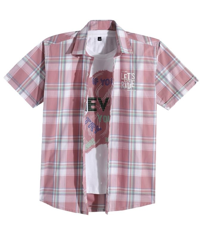 CAVIO Boys Cotton Half Sleeves Checkered Casual Shirt and T-Shirt Set in Pink - Image 4