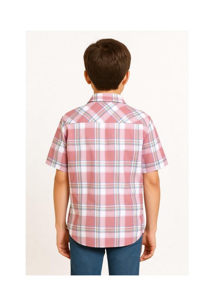 CAVIO Boys Cotton Half Sleeves Checkered Casual Shirt and T-Shirt Set in Pink - Image 2