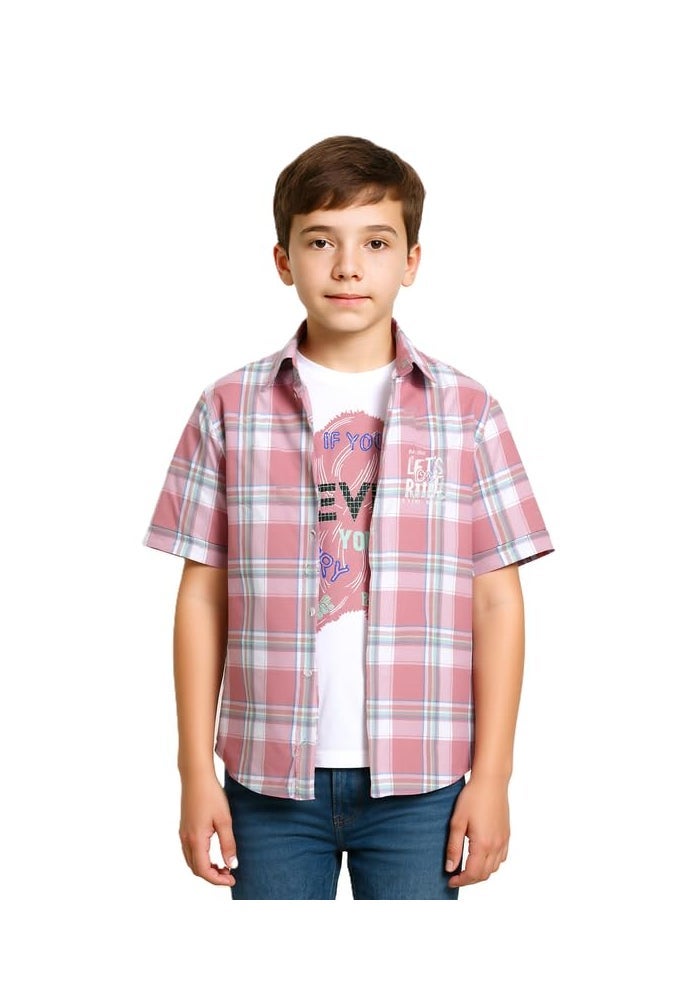 CAVIO Boys Cotton Half Sleeves Checkered Casual Shirt and T-Shirt Set in Pink - Image 1