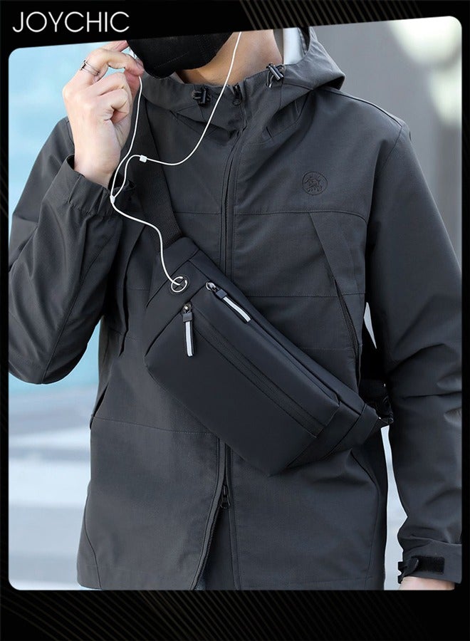 Joychic حقيبة خصر كاجوال للرجال مقاومة للماء على الطراز الكوري حقيبة صدر عصرية مقاومة للاهتراء حقيبة كتف عبر الجسم مع مقبس سماعة رأس للرياضات الخارجية والتسلق باللون الأسود - Image 1