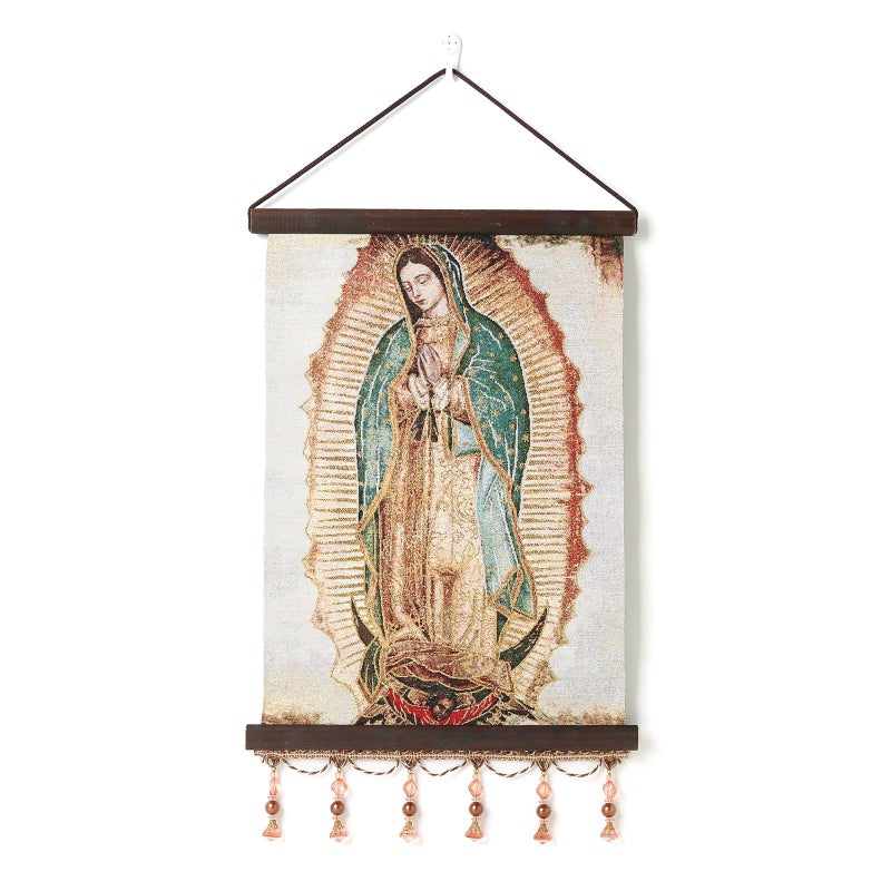 HZMAN Virgin Mary Painting Retro Handmade Weave Wall Art Decor Holy Our Lady Guadalupe Aesthetic Picture for Living Room Bedroom Wood Framed 17x12 inch - Image 1
