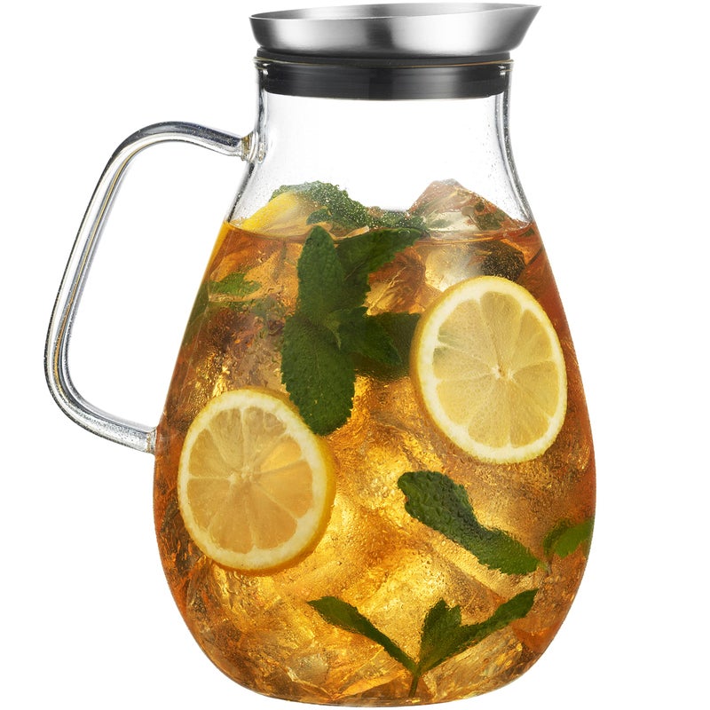 MITBAK 84 OZ Glass Pitcher With Stainless Steel Lid  Beautiful Lightweight Beverage Jug Carafe With A Wide Handle  Great For Cold  Hot Drinks Like Tea Lemonade Juice Water Coffee Cold Brew