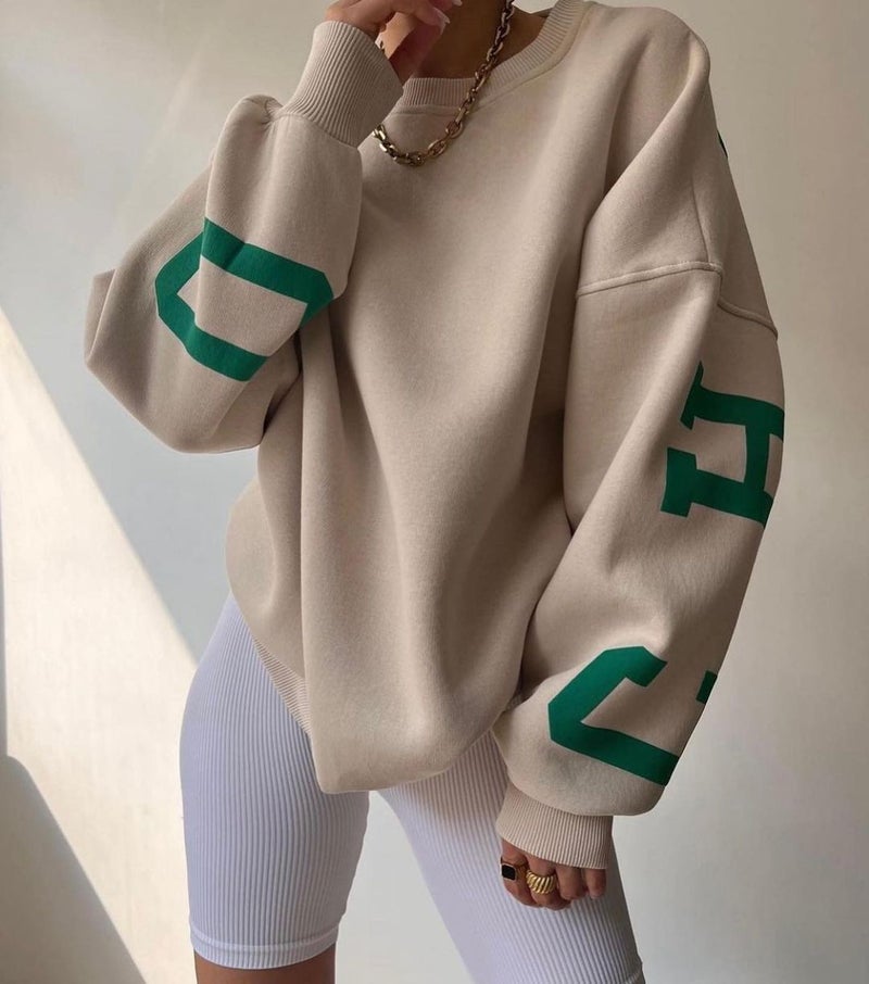 2024 Amazon Cross-border European and American Womens Casual Fashion Printed Thickened All-match Top Long Sleeve Sweatshirt Khaki