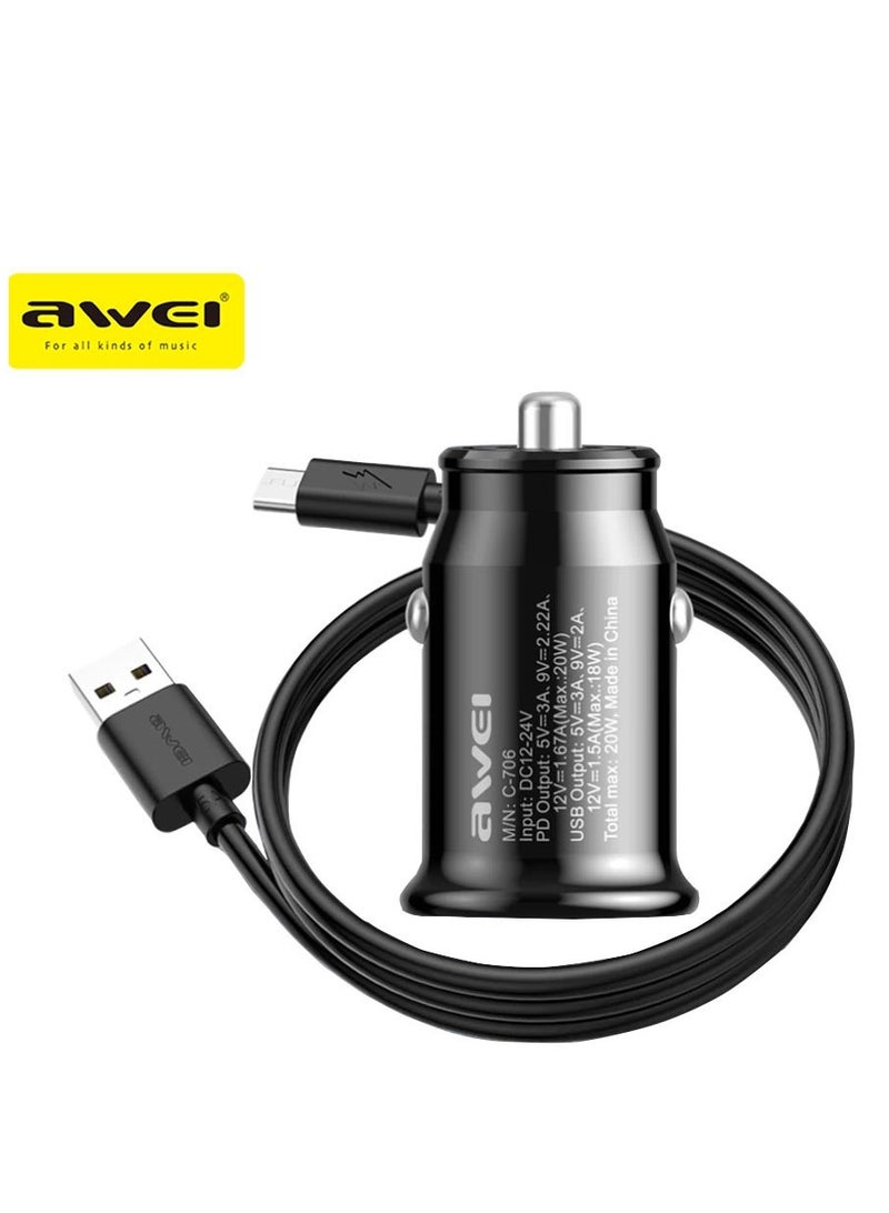 Awei C-706 Quick Charge 3.0 & PD20W Car charger +USB Type C Data Cable Ultra Fast Charging Charger - Black - Image 2