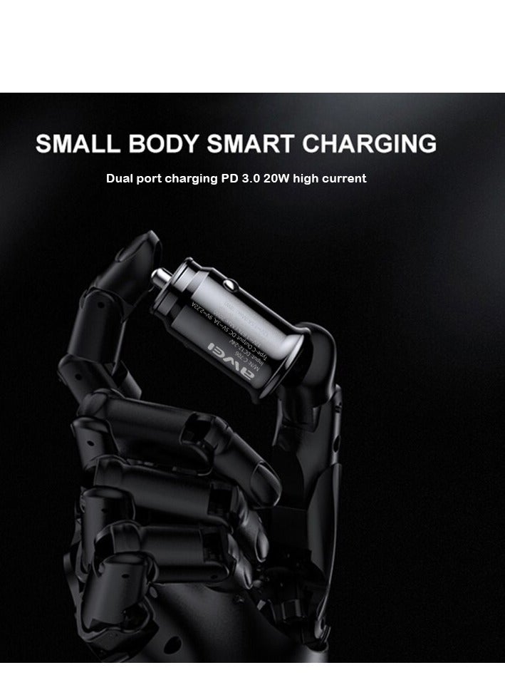 Awei C-706 Quick Charge 3.0 & PD20W Car charger +USB Type C Data Cable Ultra Fast Charging Charger - Black - Image 4