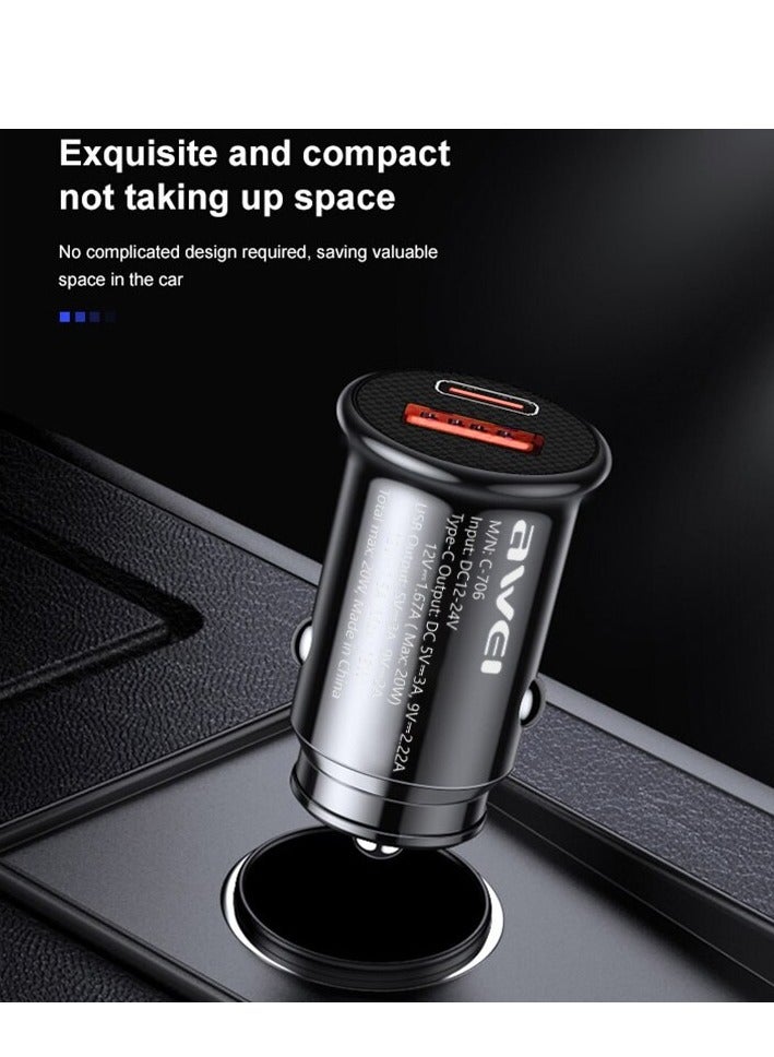 Awei C-706 Quick Charge 3.0 & PD20W Car charger +USB Type C Data Cable Ultra Fast Charging Charger - Black - Image 3