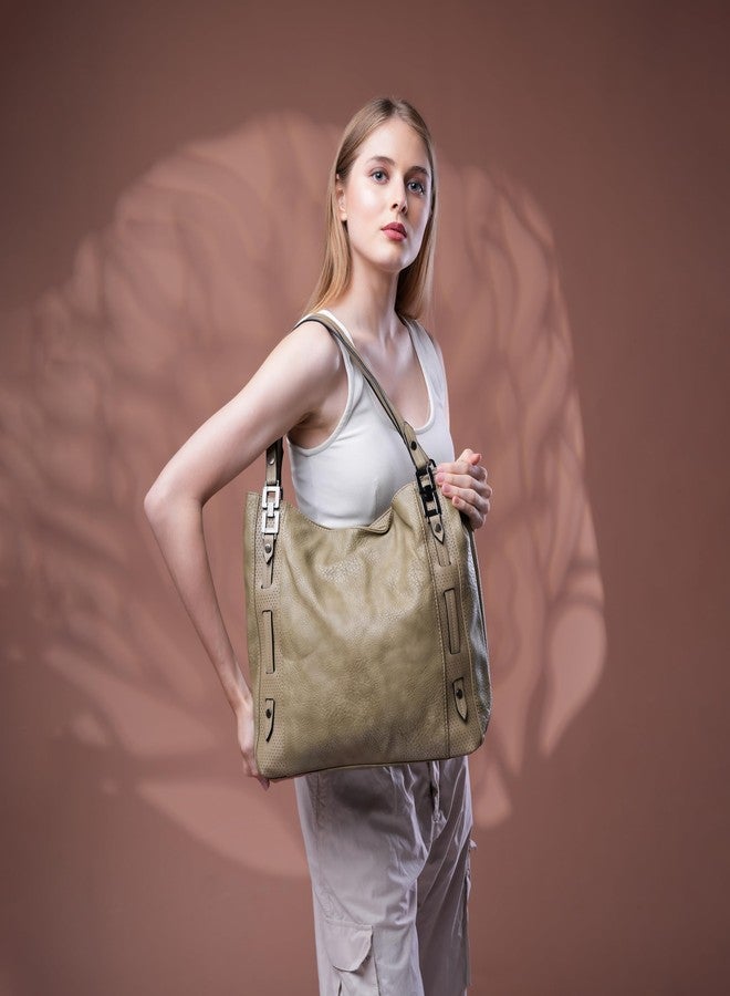 SANTORINI Oia Womens Tote bag | Medium shoulder bag with 2 Main Compartments, Multiple Zipper Pockets & Detachable Sling Strap | Medium Shoulder Handbag for Office, Travel & Daily Use (Green) - Image 5