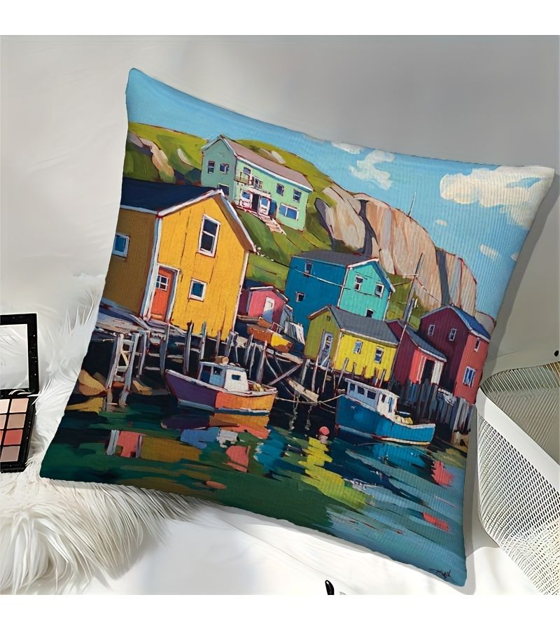 Modern Fishing Village Art Printed Pillowcase Only For Cushion - Image 3