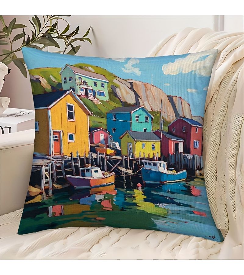Modern Fishing Village Art Printed Pillowcase Only For Cushion - Image 1