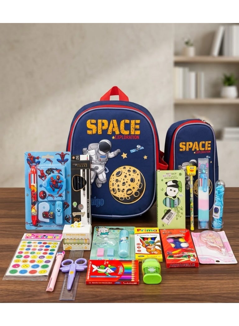 School supplies set (Lunchbox + Notecard + 6-color pen + 12 pencils + Corrector + Watercolors + Colored pencils + Markers + Cardboard pen + 10-color cardboard pen + Mechanical pencils + 6-color gel pen + Eraser *replacement + Emoji sticker + Adhesive tape + Eraser *sharpener + Scissors + Ruler + Tissues)