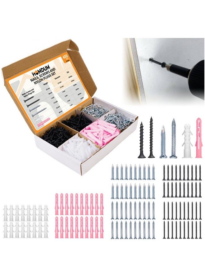 Homdum Assorted Nails, Screws and Nylon Plugs Set, multipurpose diy home kit pack of 400 nos - Image 1