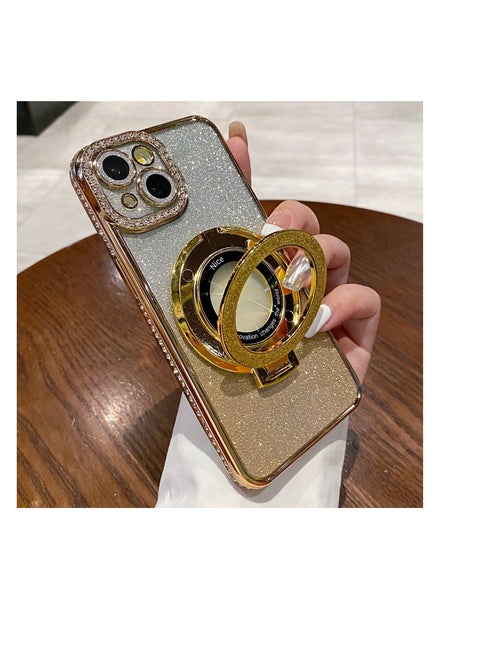 iPhone 15 Gradient Glitter Diamond Plated Holder Magsafe Phone Case(gold)