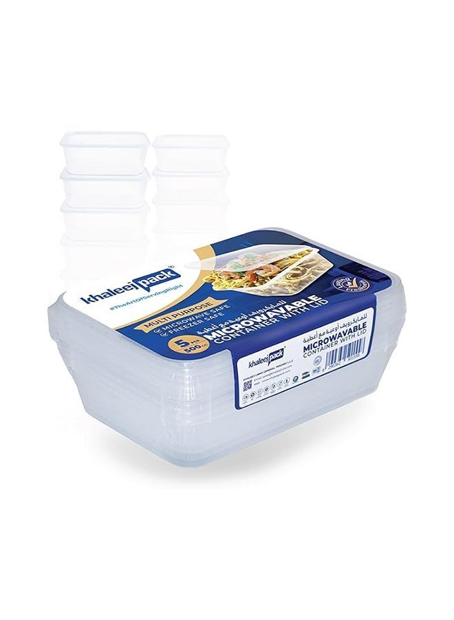 Khaleej Pack 500 مل ، 5 قطع حاوية ميكروويف مستطيلة. حاوية تخزين طعام قابلة للتخلص منها مع أغطية - Image 1