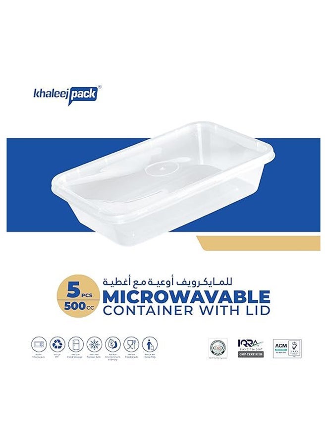 Khaleej Pack 500 مل ، 5 قطع حاوية ميكروويف مستطيلة. حاوية تخزين طعام قابلة للتخلص منها مع أغطية - Image 2