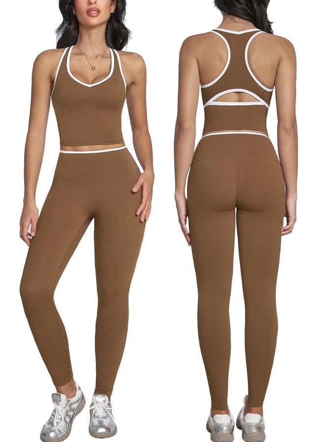 ABOCIW Womens Color Block Workout Sets Racerback Tank Top High Waist Leggings Gym Set Yoga Pilates Outfits, Brown, XS - Image 1