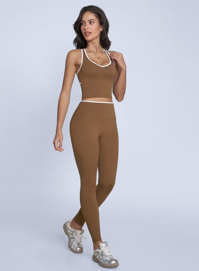 ABOCIW Womens Color Block Workout Sets Racerback Tank Top High Waist Leggings Gym Set Yoga Pilates Outfits, Brown, XS - Image 3