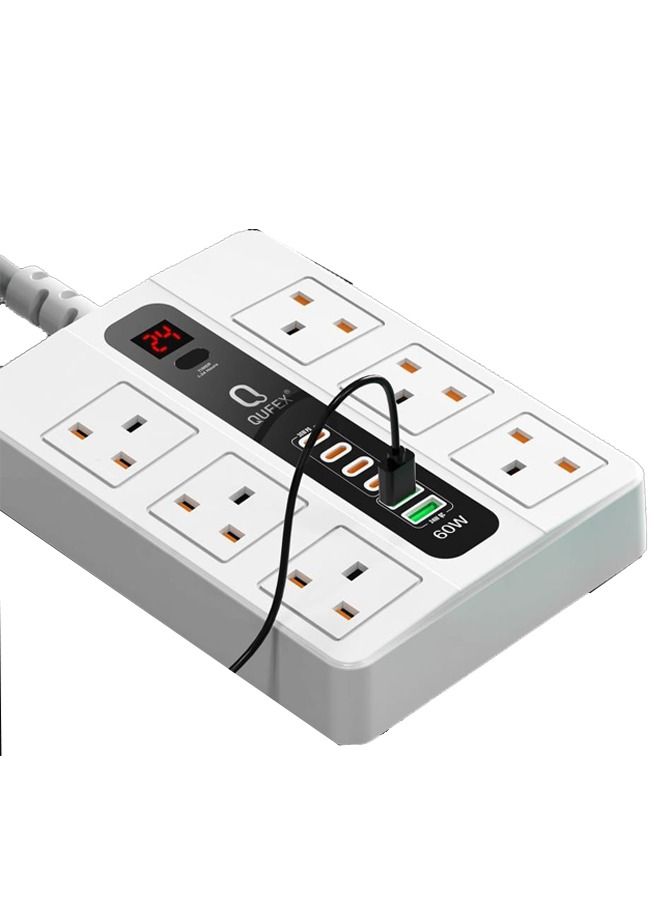 كيفكس توصيلة كهربائية من كيوفكس 3000 واط ابيض 3 متر مع 4 مداخل بي دي 36 وات  ومدخلين يو اس بي 60 وات للشحن السريع - Image 4
