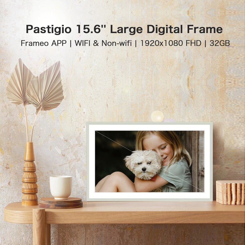 Pastigio Digital Picture Frame, 15.6 Inch Frameo Digital Frame WiFi, 1920*1080 IPS FHD Touchscreen, 32GB, Tabletop&Wall-Mounted, Share Picture Video, Electronic Photo Frame Slideshow, Gifts for Mom, White Clay - Image 2