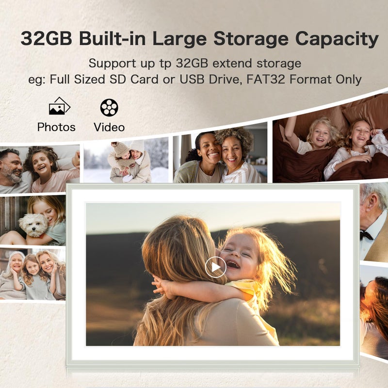 Pastigio Digital Picture Frame, 15.6 Inch Frameo Digital Frame WiFi, 1920*1080 IPS FHD Touchscreen, 32GB, Tabletop&Wall-Mounted, Share Picture Video, Electronic Photo Frame Slideshow, Gifts for Mom, White Clay - Image 4