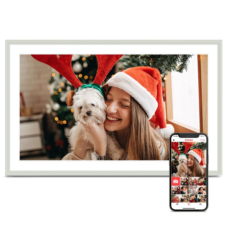 Pastigio Digital Picture Frame, 15.6 Inch Frameo Digital Frame WiFi, 1920*1080 IPS FHD Touchscreen, 32GB, Tabletop&Wall-Mounted, Share Picture Video, Electronic Photo Frame Slideshow, Gifts for Mom, White Clay - Image 1