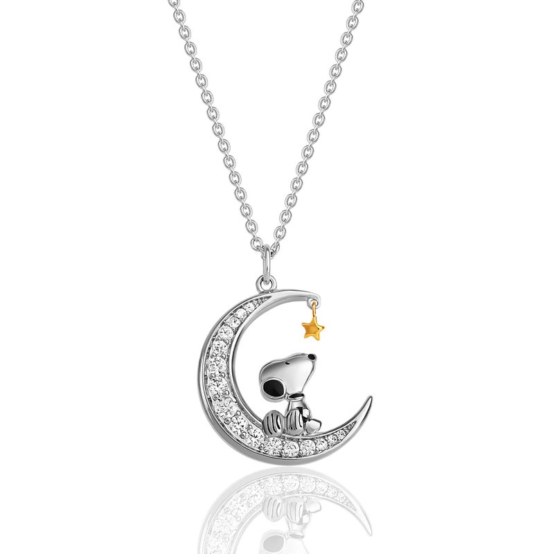 Peanuts Womens Snoopy Moon Cubic Zirconia Necklace 18" -18k Gold Flash Plated Snoopy Necklace Official License - Image 1