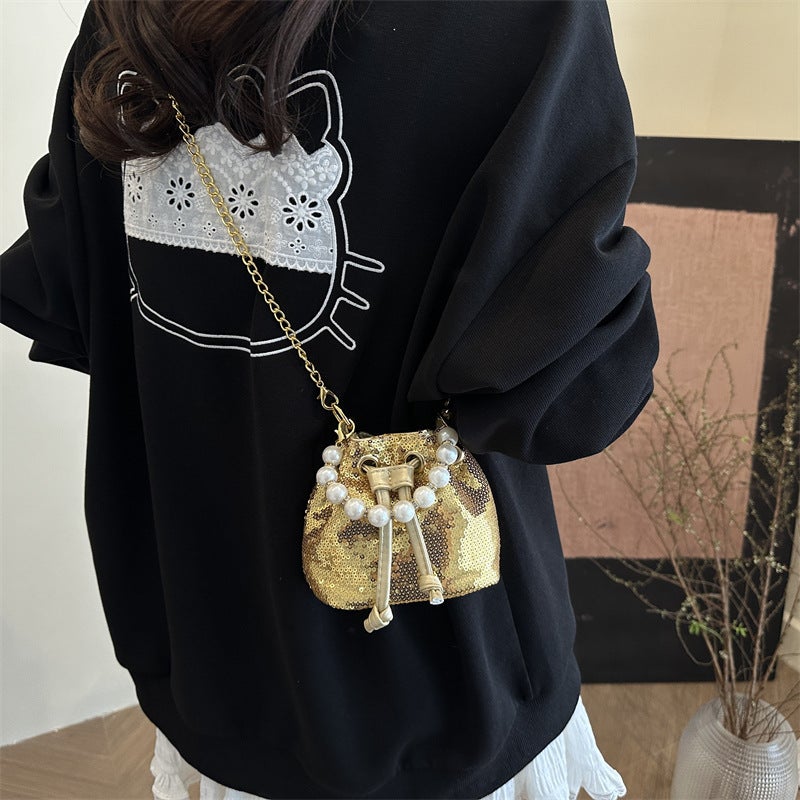 Korean Style Small Bag Women'S Bag 2025 Fashion Summer Pearl Satchel Bucket Bag High-End Sequin Casual Crossbody Bag - Image 3