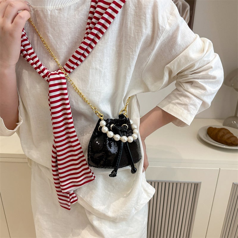 Korean Style Small Bag Women'S Bag 2025 Fashion Summer Pearl Satchel Bucket Bag High-End Sequin Casual Crossbody Bag - Image 2