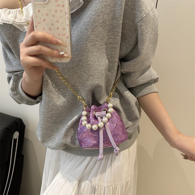 Korean Style Small Bag Women'S Bag 2025 Fashion Summer Pearl Satchel Bucket Bag High-End Sequin Casual Crossbody Bag - Image 5