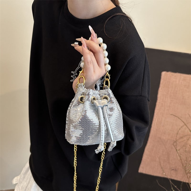 Korean Style Small Bag Women'S Bag 2025 Fashion Summer Pearl Satchel Bucket Bag High-End Sequin Casual Crossbody Bag - Image 4