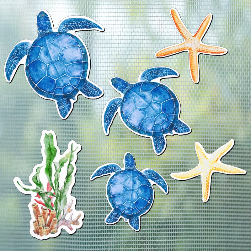 Konohan 12 Pcs Screen Door Magnets Decorative Sea Turtle Seaweed Starfish Double Sided Magnetic Flexible Protector Savers Sticker Window Warning for Screen Patio Sliding Doors Protector Light Blue