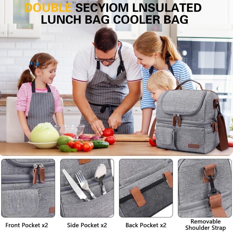 LOKASS Lunch Box for Women-Double Deck Insulated Adults Lunch Bag with Removable Shoulder Strap- Cute Wide Open Lunch Tote for Work/Office/Picnic/Beach/Travel (Gray) - Image 4