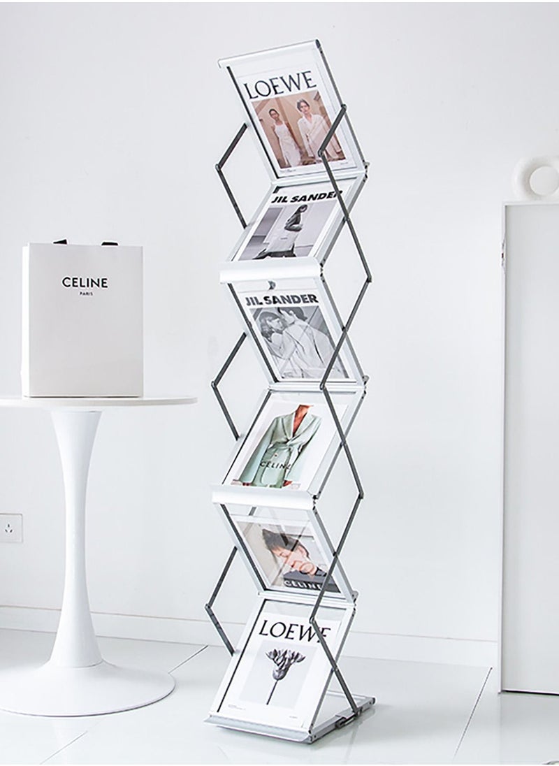 Merry Moments Foldable Magazine Rack Book Display Stand Brochure Stand Catalog Literature Rack 6 Pockets for Trade Show Exhibitions Office Retail Store Home Aluminum Silver Colour H150xW25.5xL35 cm  - Image 1