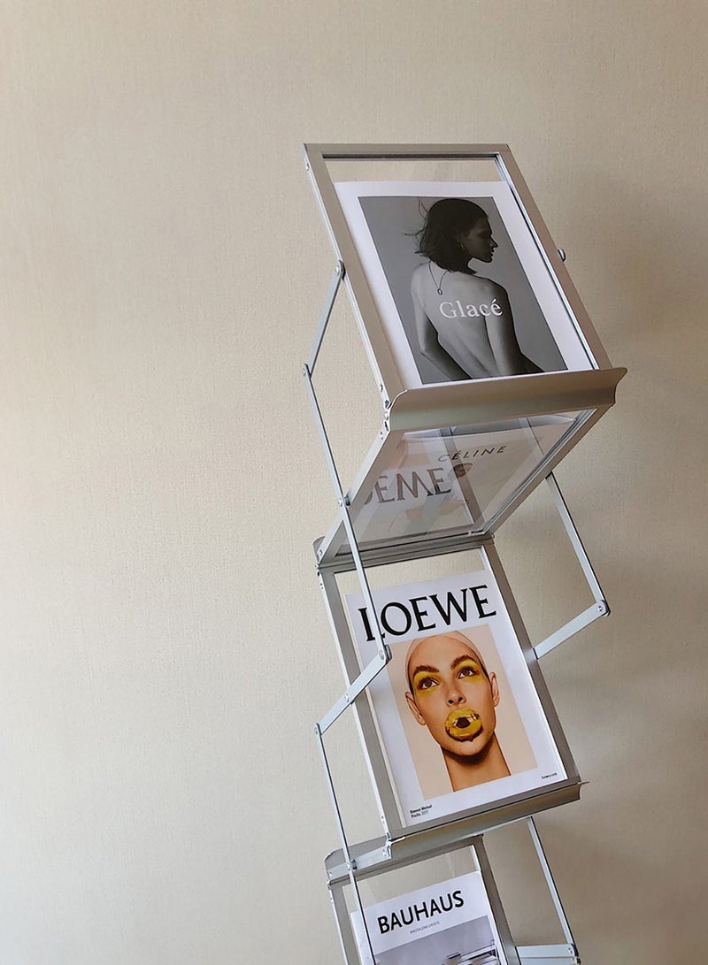 Foldable Magazine Rack Book Display Stand Brochure Stand Catalog Literature Rack 6 Pockets for Trade Show Exhibitions Office Retail Store Home Aluminum Silver Colour H150xW25.5xL35 cm