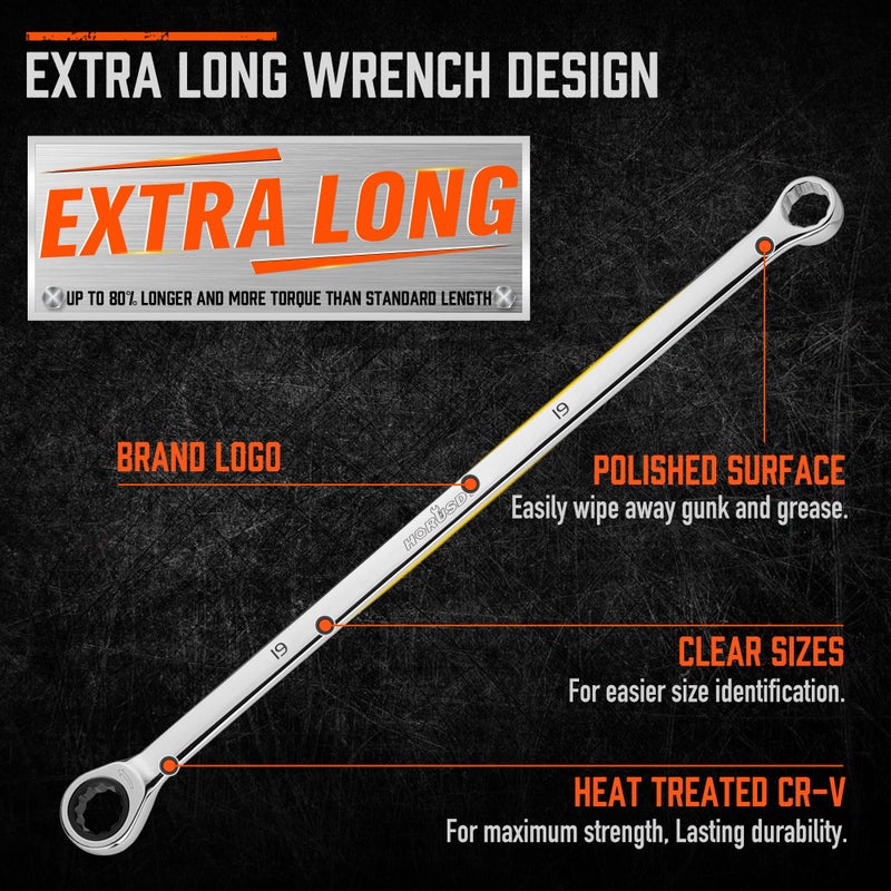 HORUSDY Extra Long Ratcheting Wrench Set, 8-22MM Double Box End, 9-Piece Metric CR-V Steel, with EVA Foam Tool Organizer - Image 5