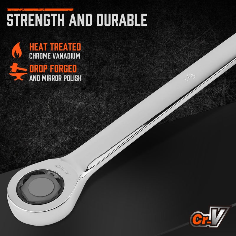 HORUSDY Extra Long Ratcheting Wrench Set, 8-22MM Double Box End, 9-Piece Metric CR-V Steel, with EVA Foam Tool Organizer - Image 4