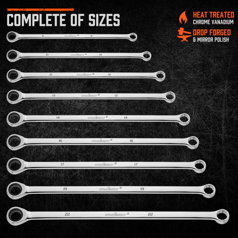 HORUSDY Extra Long Ratcheting Wrench Set, 8-22MM Double Box End, 9-Piece Metric CR-V Steel, with EVA Foam Tool Organizer - Image 3