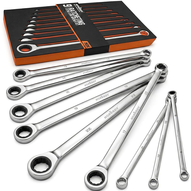 HORUSDY Extra Long Ratcheting Wrench Set, 8-22MM Double Box End, 9-Piece Metric CR-V Steel, with EVA Foam Tool Organizer - Image 1