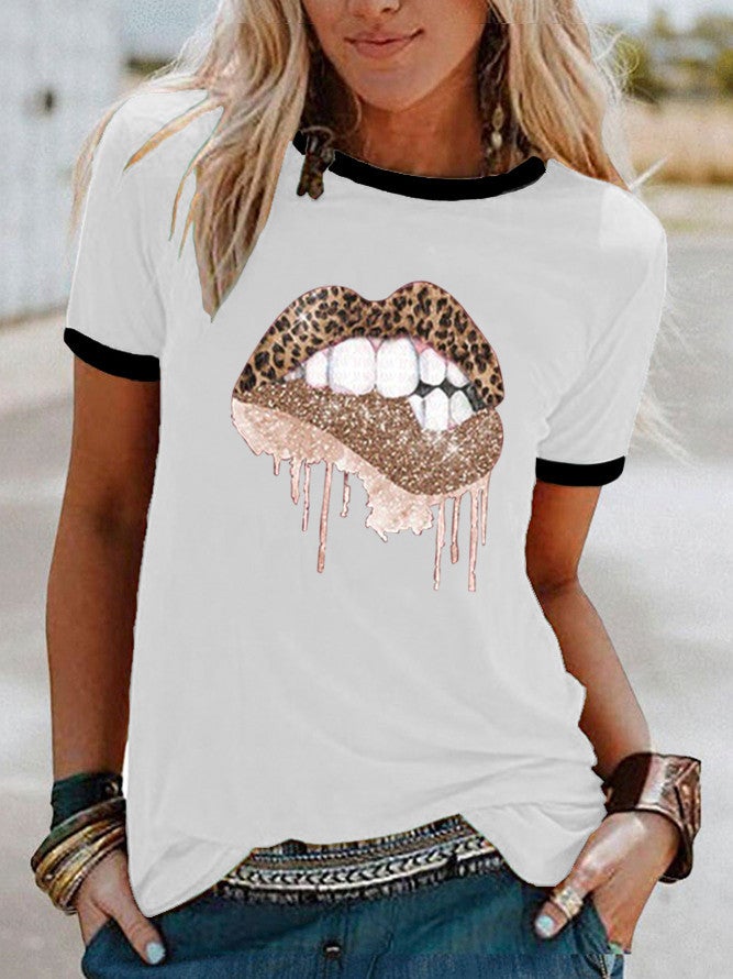 wish fun leopard print lip pattern printed edge contrast short sleeve t-shirt - Image 1