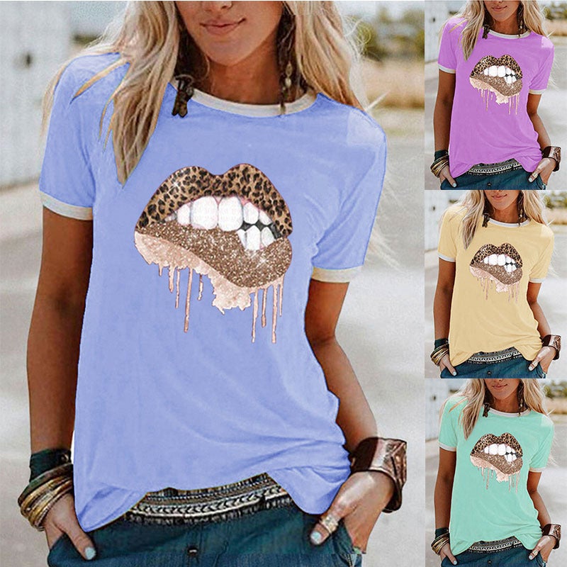 wish fun leopard print lip pattern printed edge contrast short sleeve t-shirt - Image 2