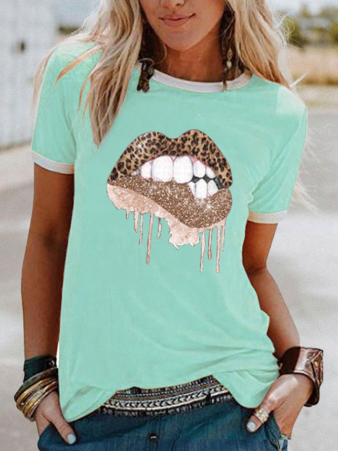 wish fun leopard print lip pattern printed edge contrast short sleeve t-shirt - Image 3