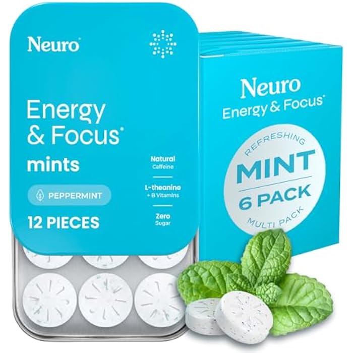 Neuro نعناع الطاقة والتركيز - نعناع خالي من السكر مع 80 ملغ من الكافيين الطبيعي، وفيتامينات ب و L-ثيانين - مكمل نباتي للدماغ للتمارين والدراسة والتركيز اليومي - بنكهة النعناع، 72 حبة - Image 1