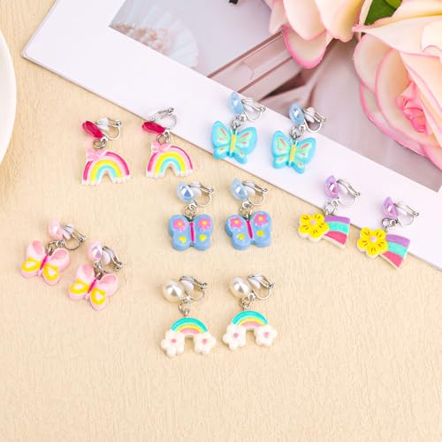 Mikovivi مجموعة أقراط ميكوفيفي الملونة 6 أزواج، تصميم بدون ثقب للأطفال، أقراط دائرية لطيفة على شكل فراشة للأطفال، أقراص أذن للأميرات للحفلات والارتداء اليومي - Image 3